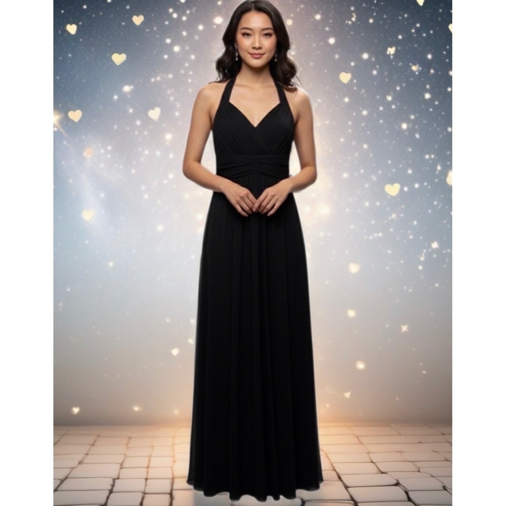 VTG DOLLAR Black Halter Neck Ruched Waist Empire Waist Maxi Dress Large USA Made